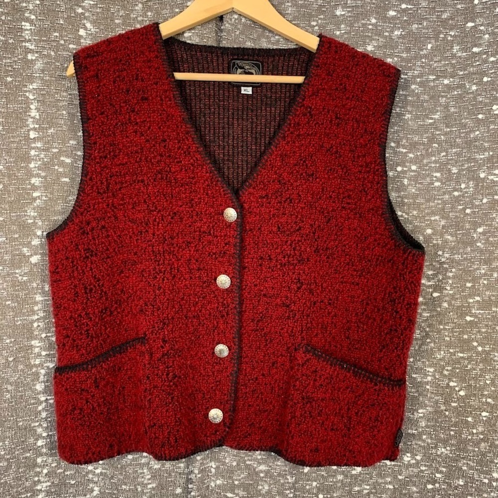Vintage ALPS Red Textured Fleece Button Up Sweater Vest Cottagecore Women's XL‎